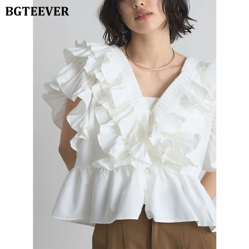 

BGTEEVER Summer V-neck Pleated Short-sleeved Shirts for Women Elegant Ruffled Collar Blouses