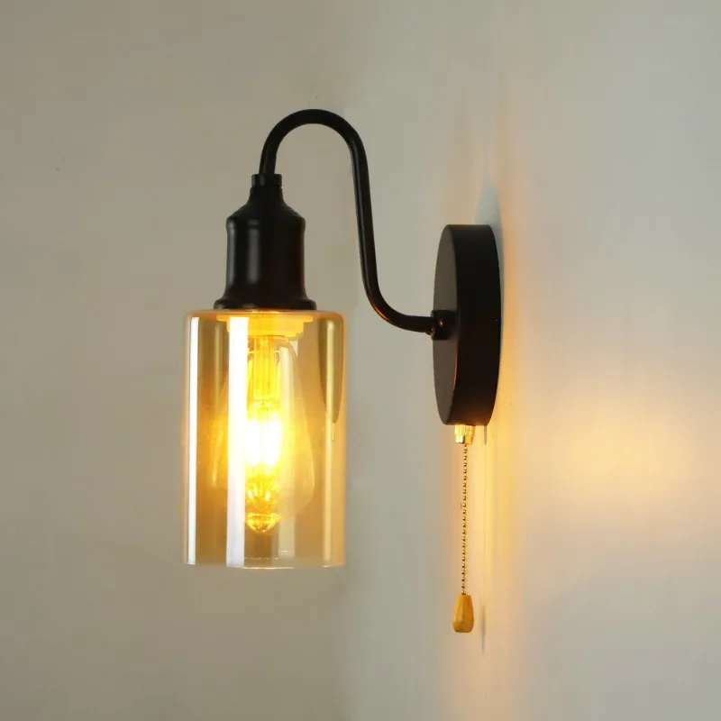 

Nordic Retro Amber Glass Wall Lamp Bedside Aisle Lamps Simple Modern with Cable Switch Staircase Lights