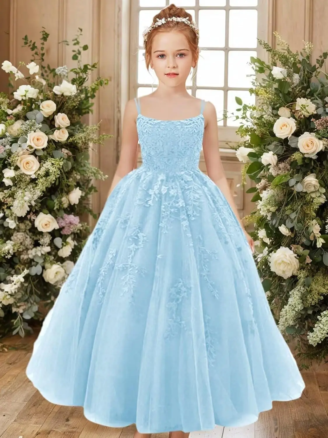 Flower Girl Tulle Square Neck A Line First Communion Dress Girls Lace Applique Pageant Party Ball Gown  Flower Girl Dresses