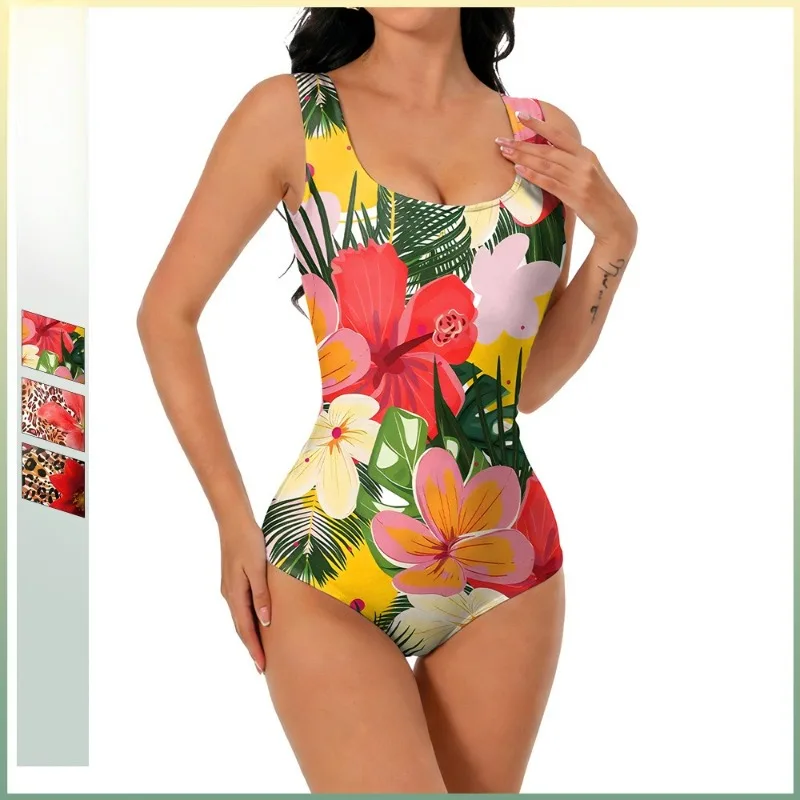 New Sexy Slim Fit Beach Vacation Swimsuit U-neck Sleeveless Floral Print Jumpsuit Theme Party Role  Playing Outfits for Adult