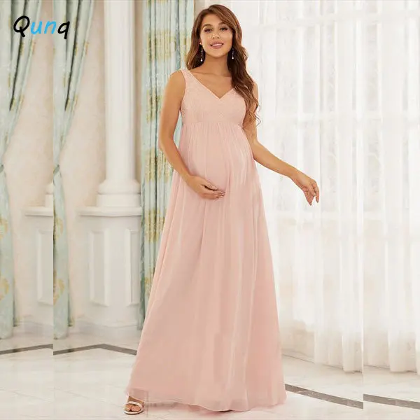 Qunq 2023 Summer New Maternity Wear V-neck Sleeveless Lace Chiffon Patchwork Sleeveless Maxi Dress Sweet Pregnant Woman Dress