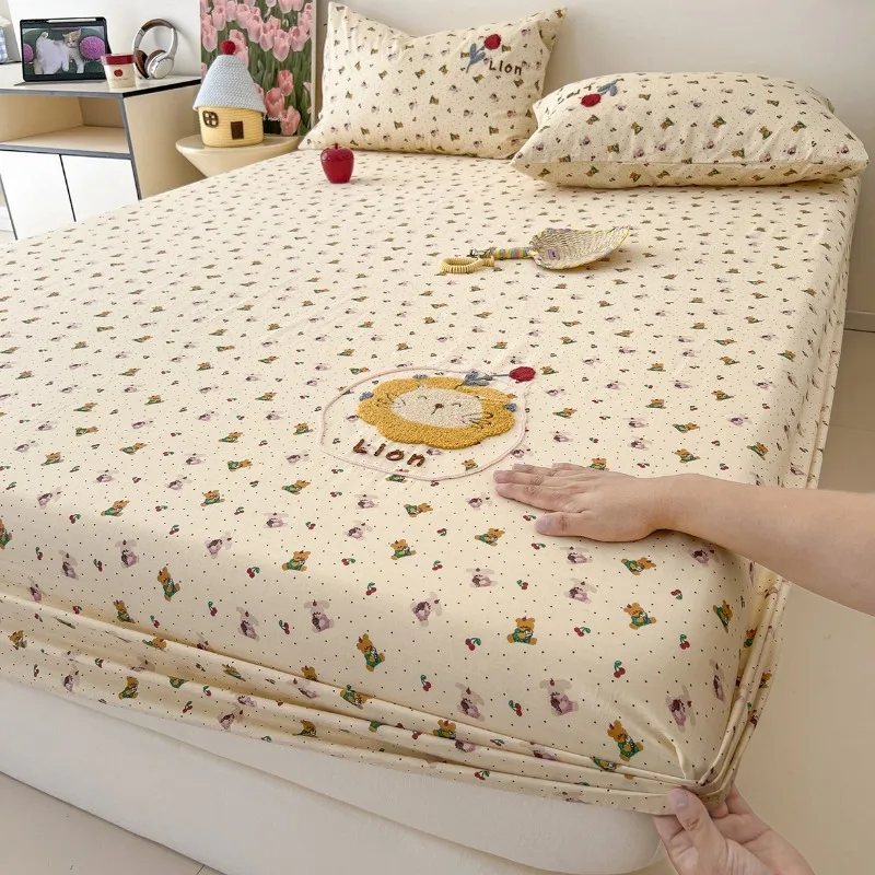 

2025 new towel embroidered pure cotton fitted sheet cotton single dustproof mattress protective cover three-piece set