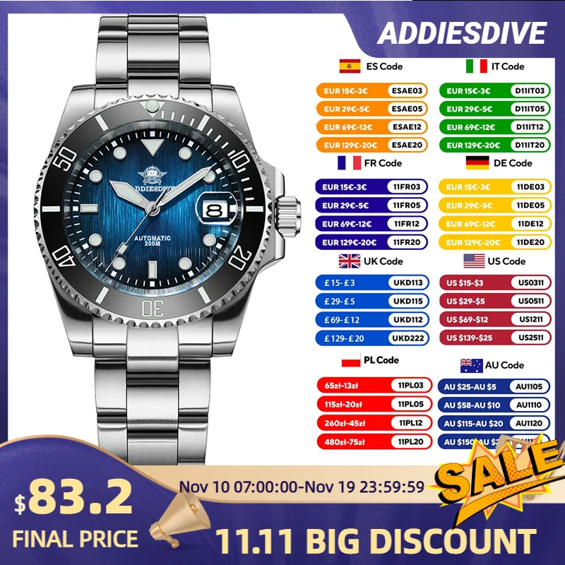 

ADDIESDIVE Новые 41 мм мужские автоматические часы с сапфировым стеклом BGW9 зеленые светящиеся 200 м водонепроницаемые автоматические механические часы AD2078