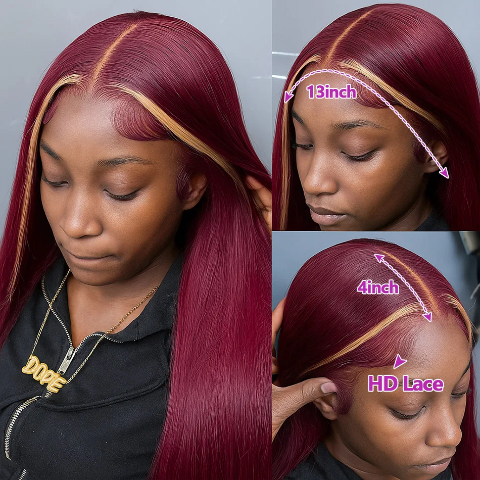 613/99J الدانتيل الجبهة الباروكات شعر الإنسان قبل قطعها بورجوندي 13x6 HD الدانتيل الجبهة الباروكات شعر الإنسان مستقيم تسليط الضوء على النبيذ الأحمر الباروكات