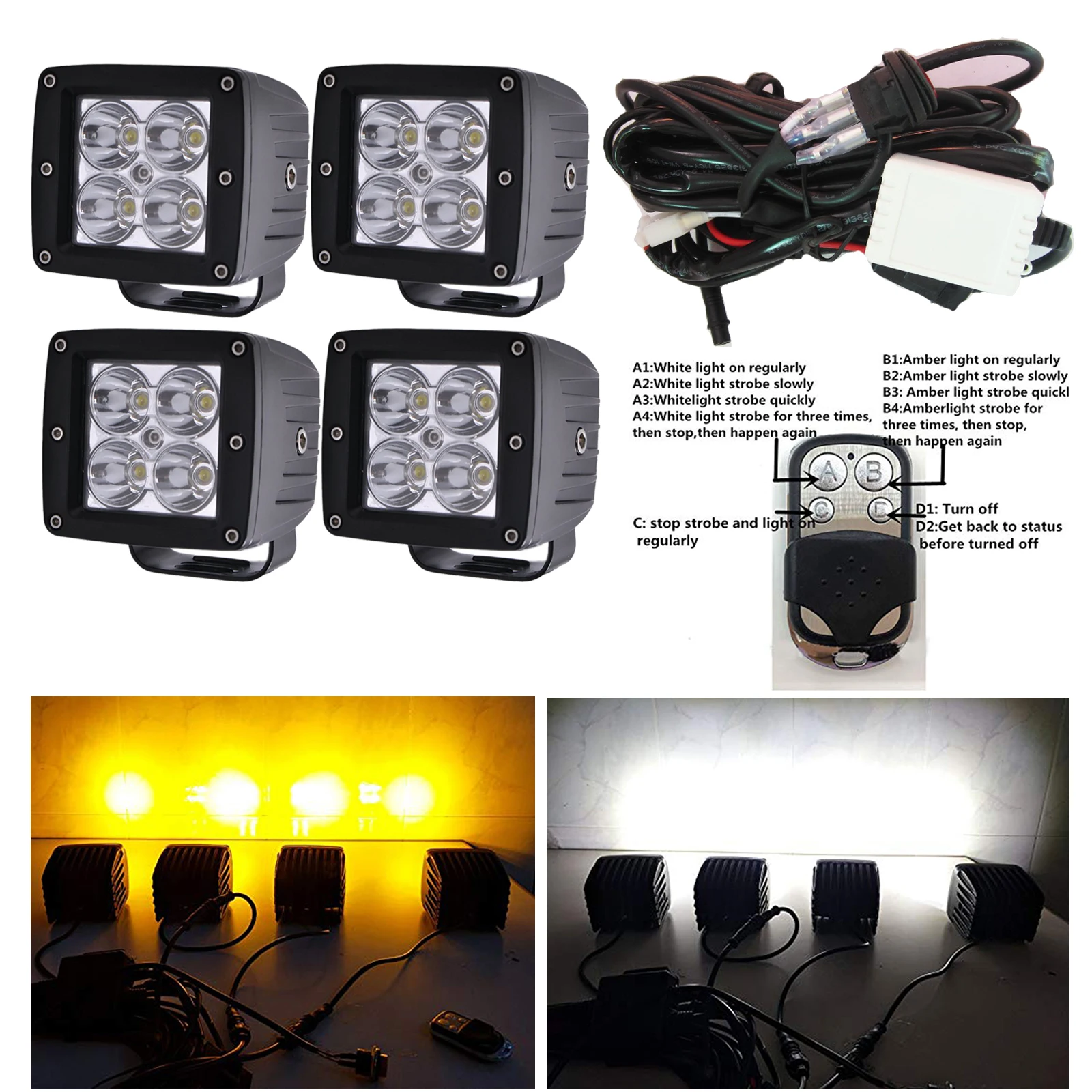 

4x 3inch 96W Amber/White/Strobe Offroad Led Work Lights Fog Driving Pods Warning Lights & Wiring Kit for Car Truck ATV SUV 4X4