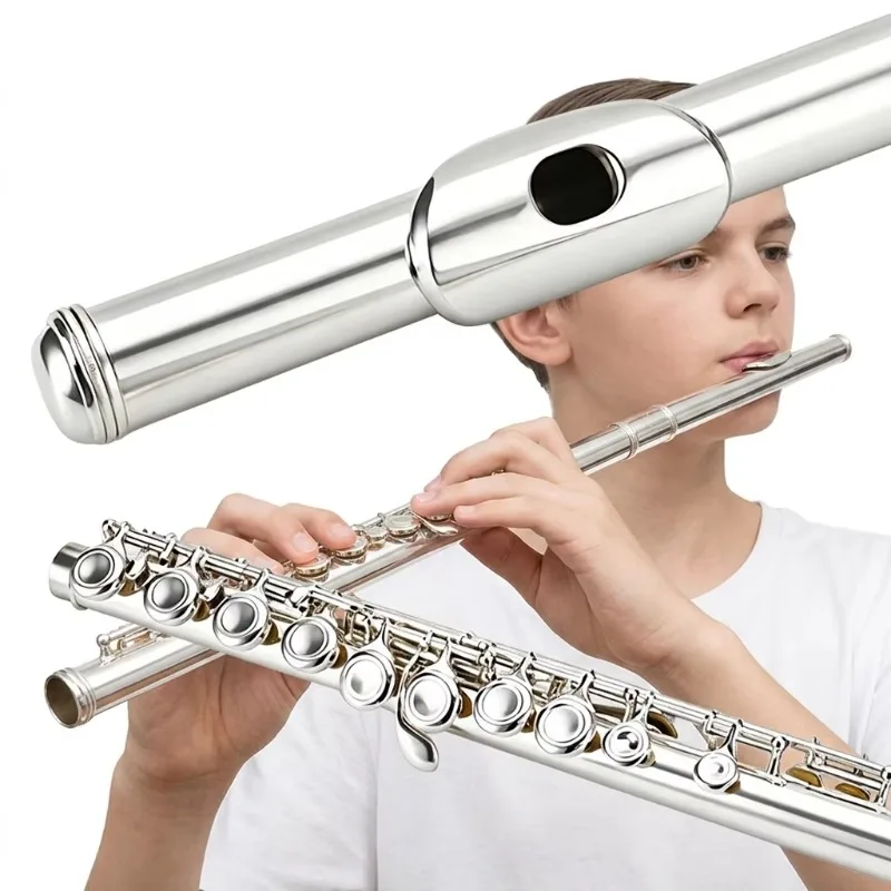 16 Closed Hole Flute Silver Plated C Major Cupronickel Body Beginner Student Easy Carry Rich Tone with Case Grade Examination