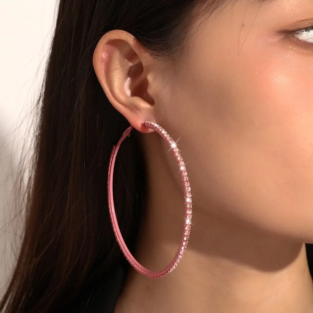 1 Pair Trendy Sparkly Rhinestone Hoop Earrings Diamond Metal Big Hoops Earrings 80mm Glitter Hoop Earrings For Women