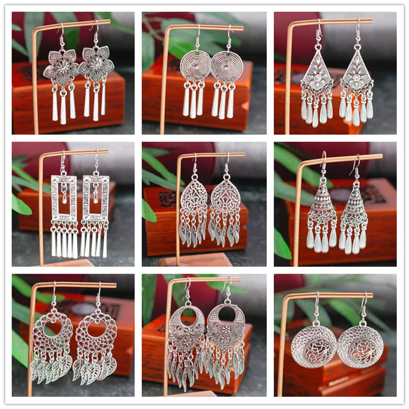 Aihua Antike Silber Wasser Tropfen Quaste Ohrringe für Frauen Vintage Tibetischen Silber Farbe Blume Baumeln Ohrring Schmuck Geschenke – Detail 1