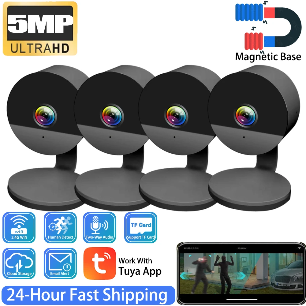 Mini 5MP Black Wireless Tuya Magnetic Camera Color Night Vision Waterproof For Baby Monitoring and Outdoor Video Surveillance