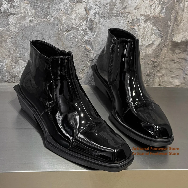 Botines de Cuero Charol Brillante con Punta Cuadrada, Cremallera Lateral y Tacón Bajo de Cuña, Botas de Moda de Lujo para Negocios y Fiestas para Hombre