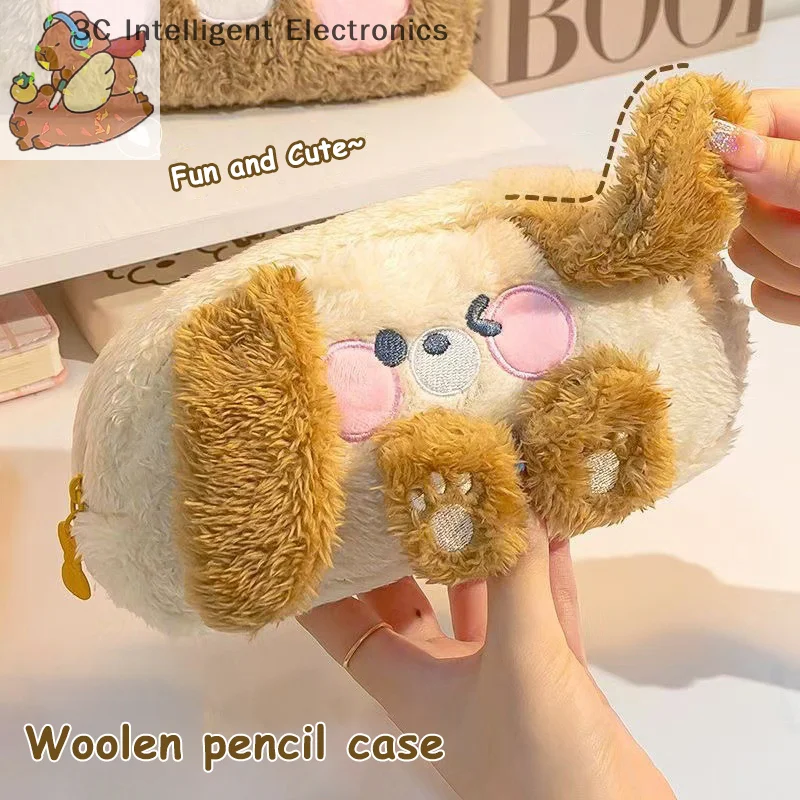 Cartoon Bear Plush Pencil Case Large Capacity Rabbit Animals Pen Bag Stationery Organizer Makeup Bag Desktop Storage