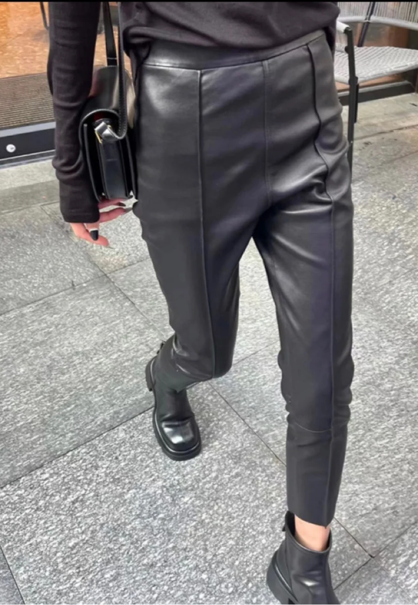 

Trendy Real Leather Pants Women's Tight Elastic eepskin Leggings Pencil Pants High Waist eepskin Mountain Goat Leather