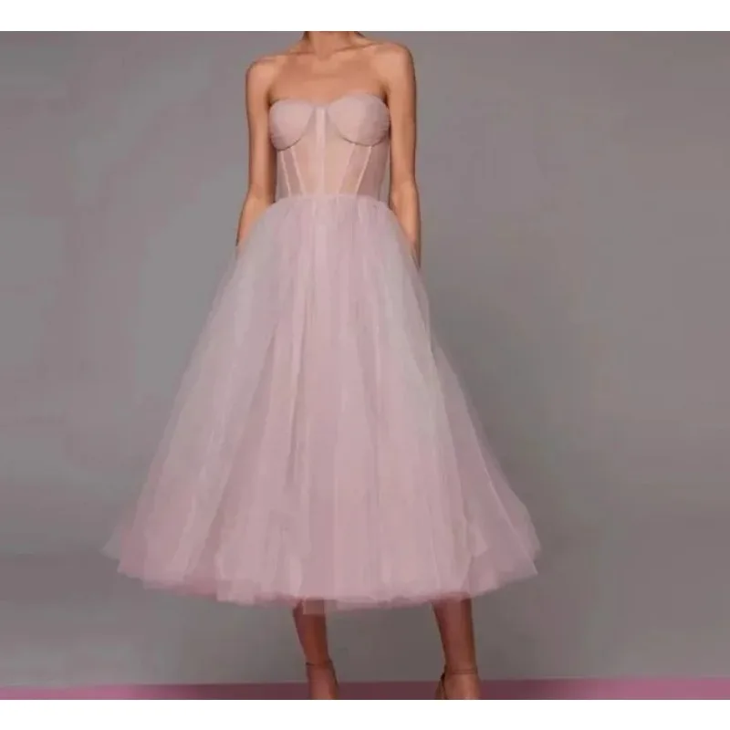 2025 simples verde tule uma linha curto vestidos de baile querida sheer espartilho superior chá comprimento formal vestidos de festa personalizado