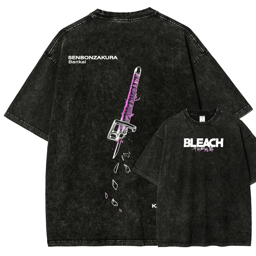 Hot Blooded Anime Bleach Print T-shirt Vintage Washed T-shirt Men Women Oversized Y2k Cotton Short Sleeve Female Male Clothing