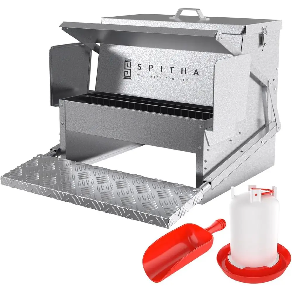 

Автоматическая кормушка для птицы на 40 фунтов с педалью, из оцинкованной стали, без отходов, устойчивая к грызунам, всепогодная, для использования на улице