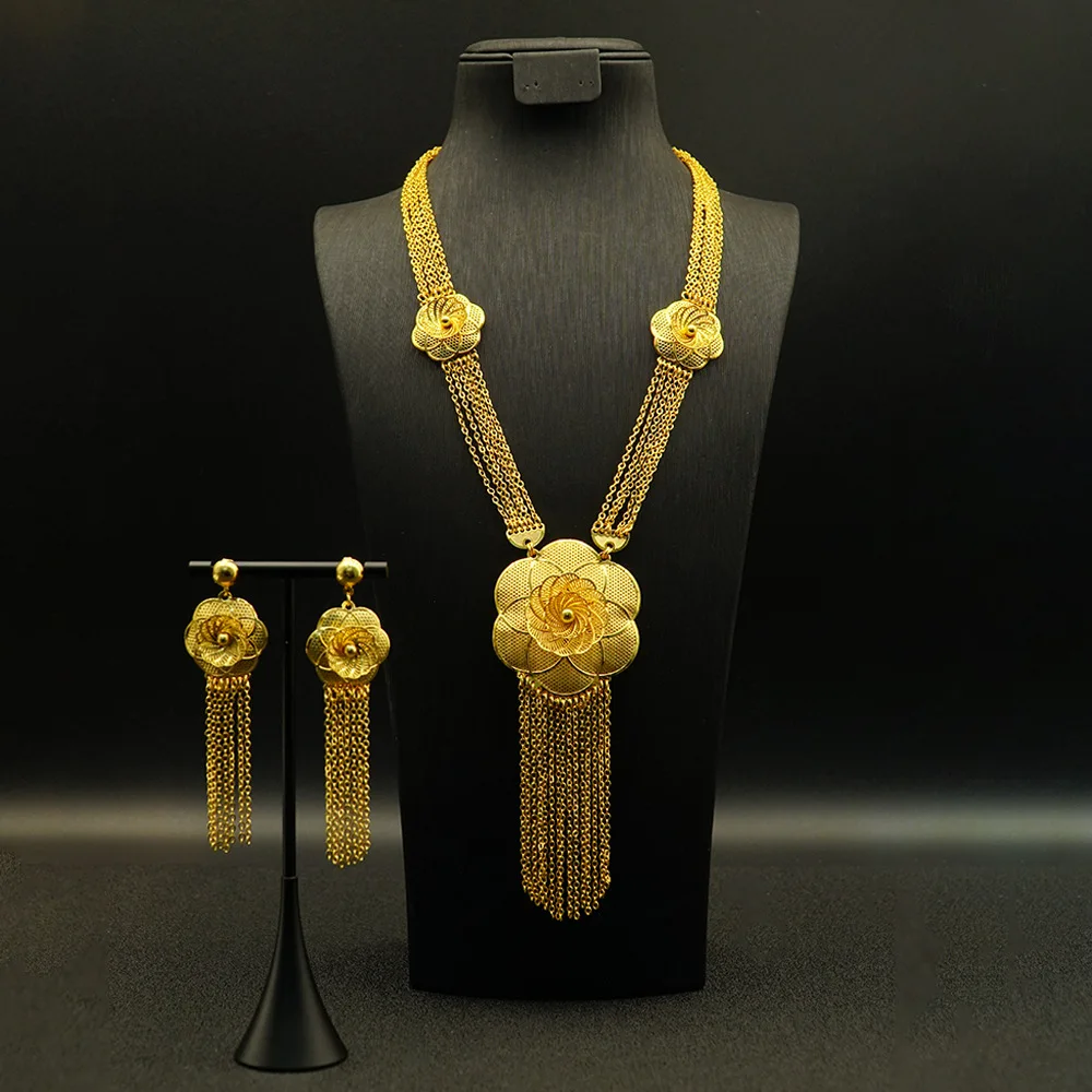 Women's 24K Gold Flower Jewelry Set (Necklace & Earrings), AU999 | Adjustable stem clasp, versatile for comfortable all-day wear