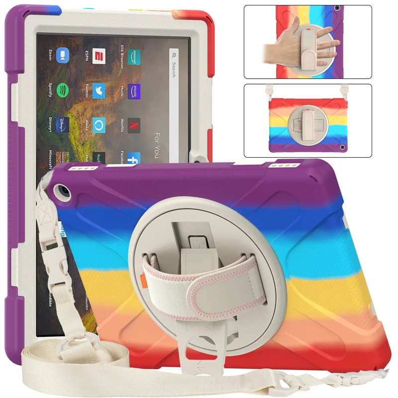 

For Amazon Kindle Fire HD 10 8 Plus 2021 Rotation Shockproof Case for Kindle Fire 7 8 Kids Safe Heavy Duty Cover Shoulder Strap