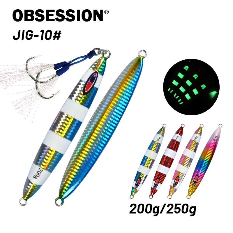 

OBSESSION 200g 250g Slow Sinking Metal Jigs Shore Jigging Lure Japan Laser Glow Sea Bait Boat Fishing Lure Crankbait Assist Hook