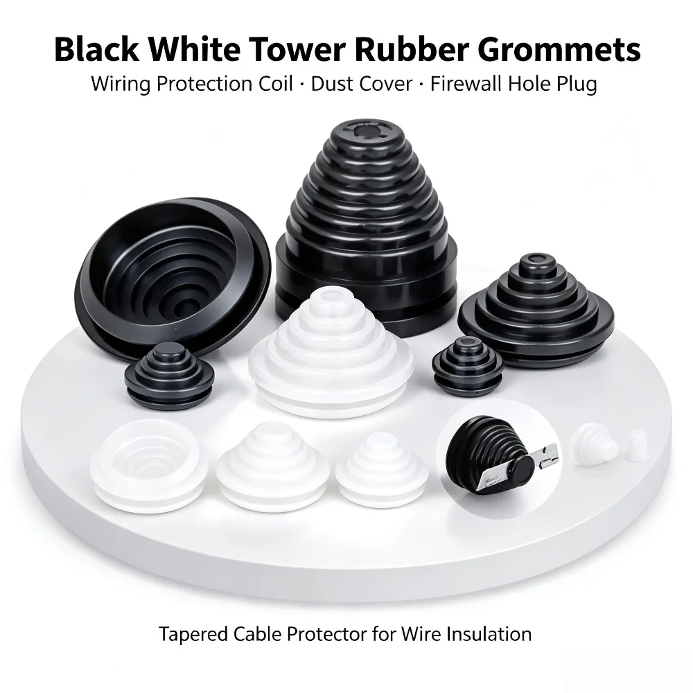Black White Rubber Wiring Grommet, Tapered Tower Cable Protective Coil, Dustproof Firewall Wire Hole Plug for Automotive Wiring