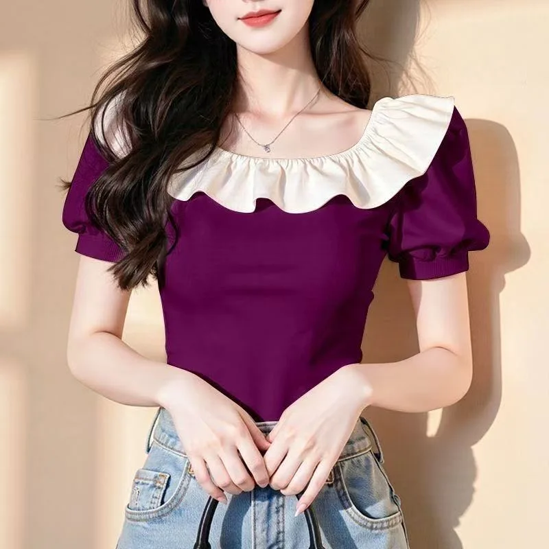 

Unique Beautiful Ruffle Sleeve T-Shirt Women's Summer New Style Age Reduction Special Short Sleeve Floral Lace Trim Top