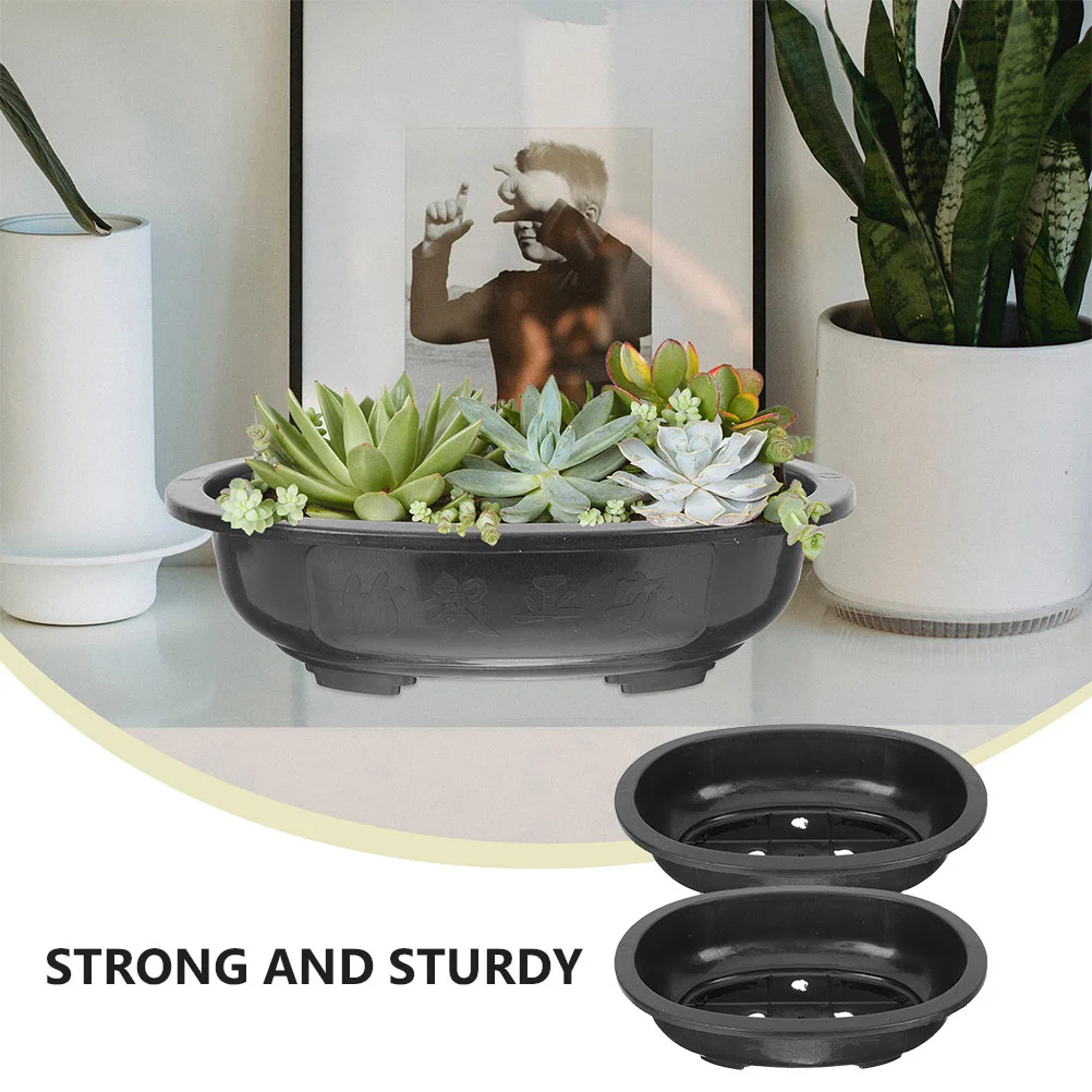 2 Pcs Flowerpot Bonsai Pots Large Plastic with Drainage Tray Oval Planter Shallow Rainy Small