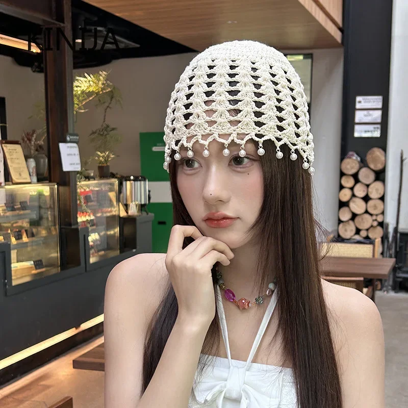 الكورية الرجعية اللؤلؤ شرابة الجوف بيني Cpa للنساء الصيف السفر تنفس تنوعا الجنية نمط البلوز القبعات الملحقات #4