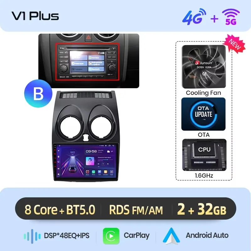Junsun draadloze CarPlay Android Auto autoradio voor Nissan Qashqai (J10) 2006-2013 met ingebouwde koelventilator, Android GPS navigatie, multimediaspeler, WiFi, DSP, RDS, BT, SWC, IPS touchscreen,