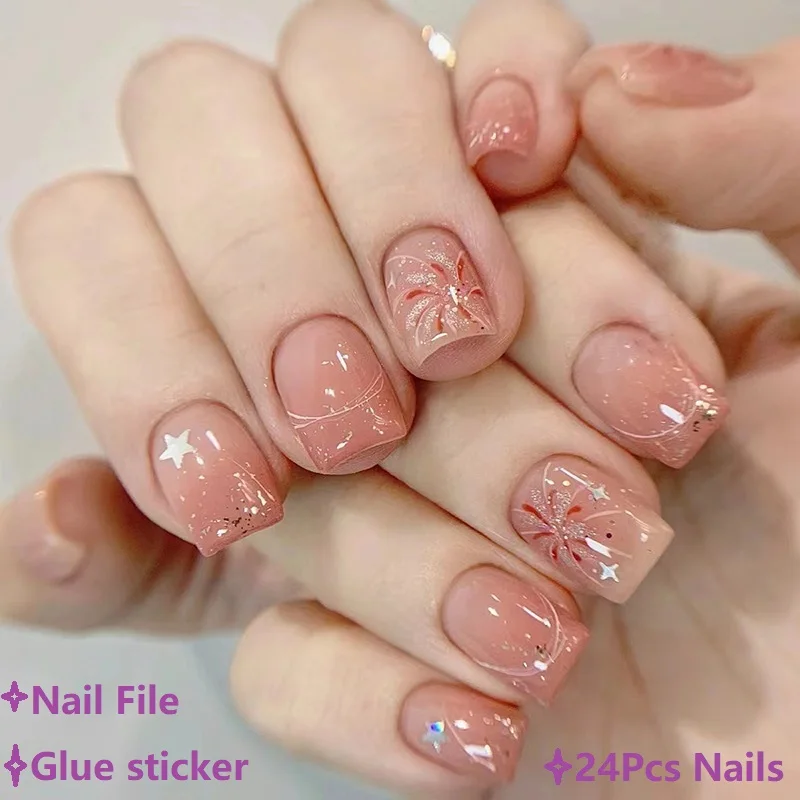 

Short Pink Press on Nails Simple Ombre Spring False Nail Removable Wearable Nail Art Pink Fake Nails Y2K Style Press on Nails