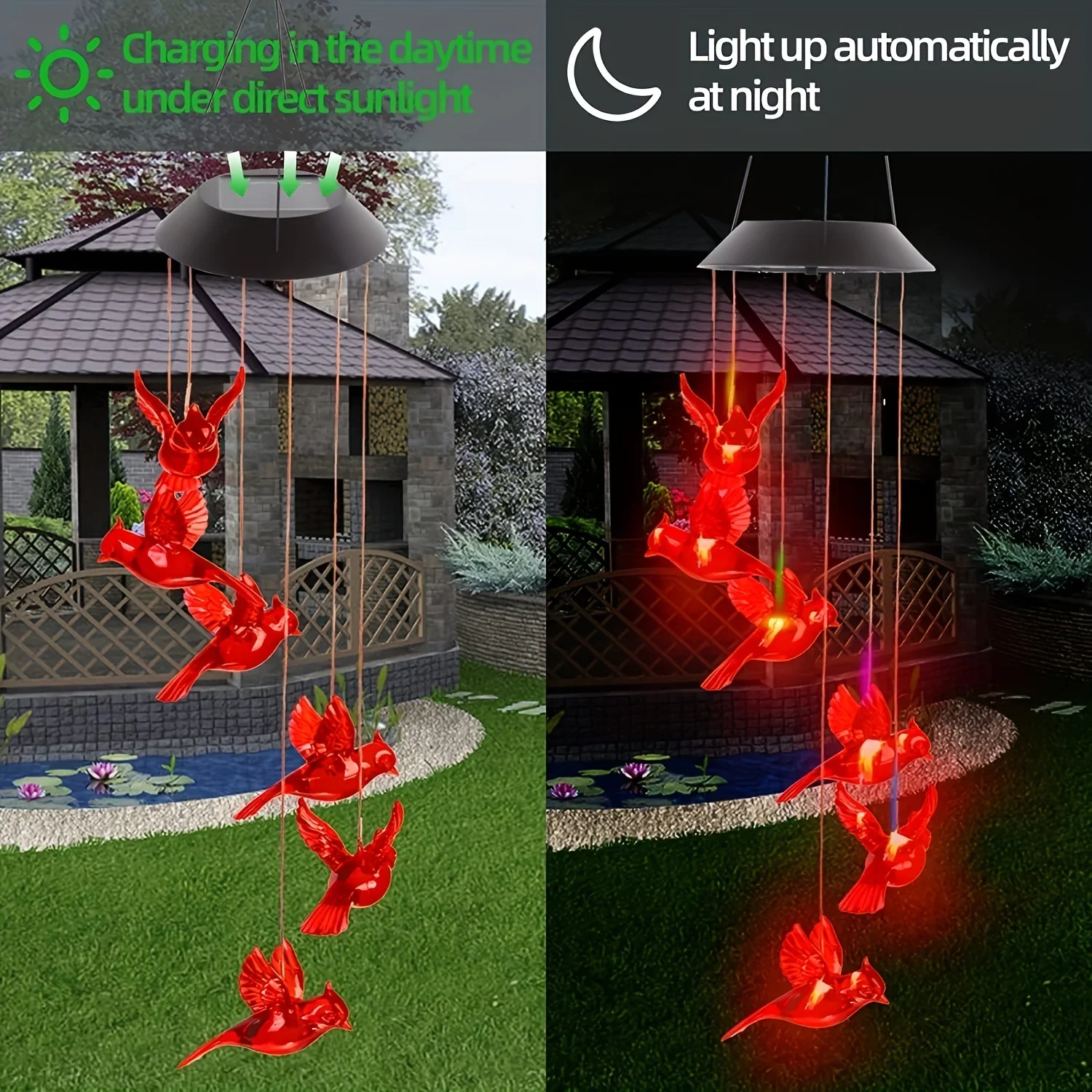 Cardinal Solar Wind Chime Waterproof Hanging Garden Night Light Gardening Gifts For Birthday Yard Garden Outside Patio Decor