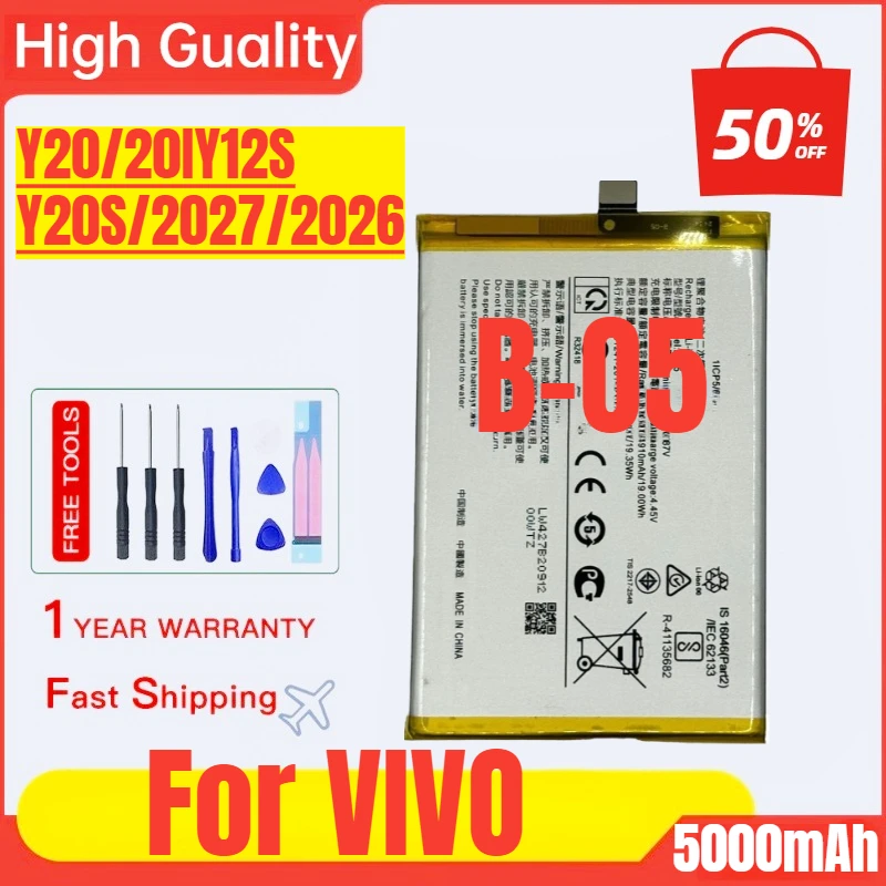 

B-O5 for VIVO Y20/20IY12S/Y20S/2027/2026 Mobile Phone Battery High Capacity Battery Replacement Bateria with Tools