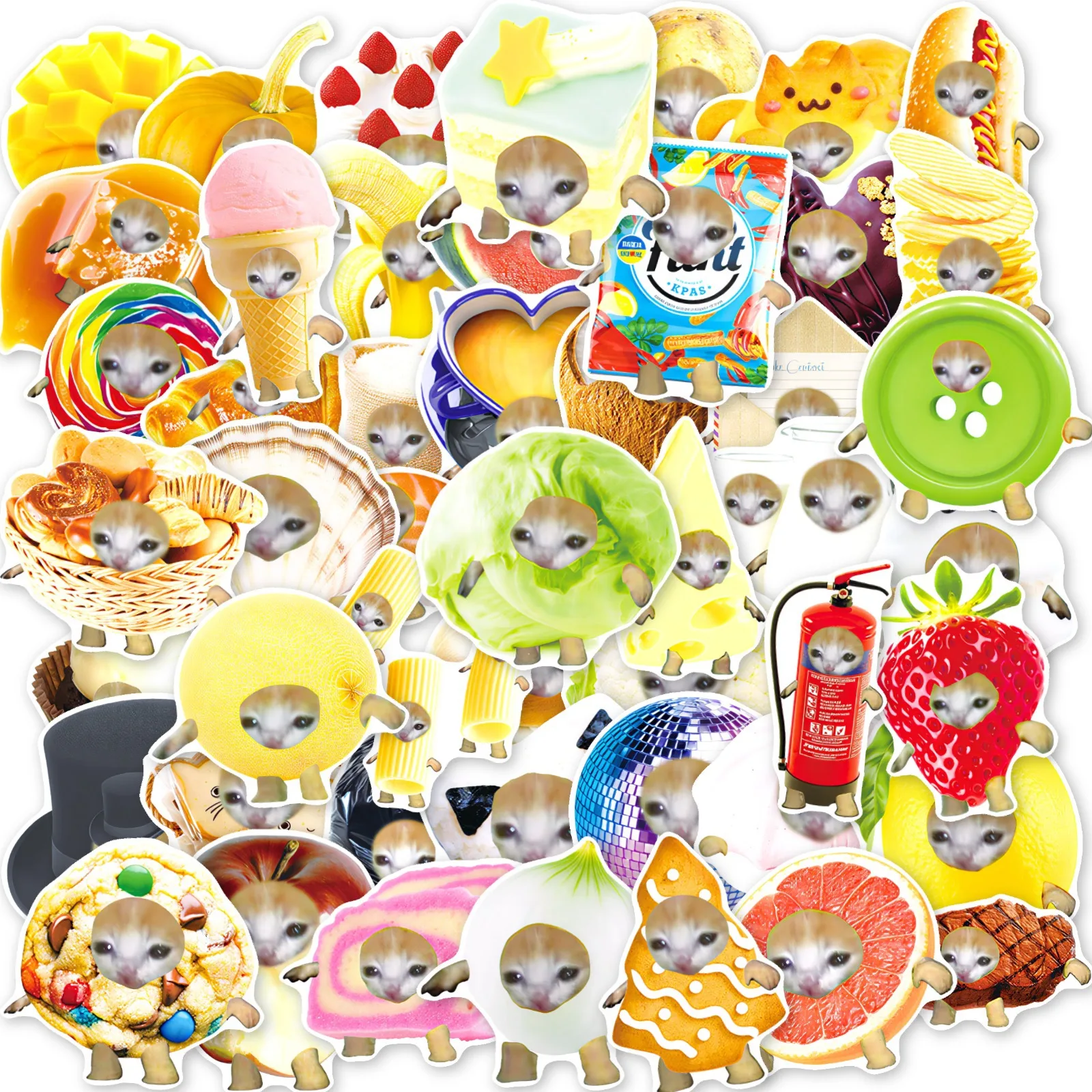 50 PCS Cute Food Cat Stickers Cartoon Mini Cat Fruit Dessert Food Waterproof Hand Account Decals DIY Helmet Fridge Decals