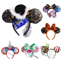 Disney New February Pirate Mickey Mouse Ear Headband Sequin Hair Bow Cosplay Party Headwear Girl Toy Birthday Gift