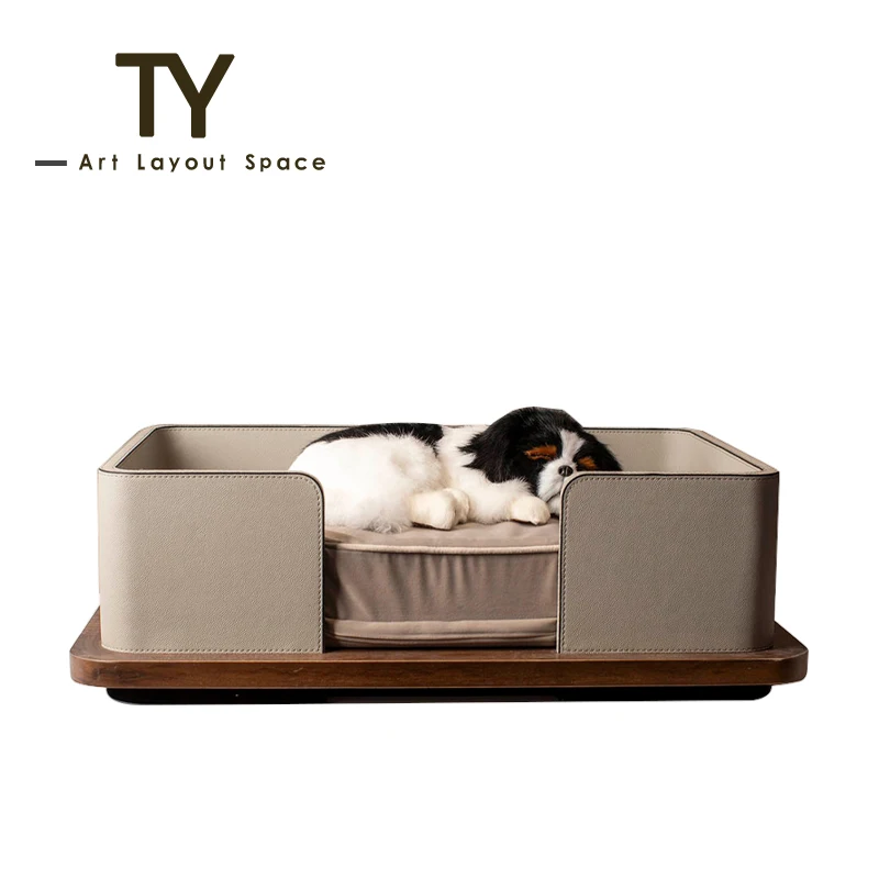 Modern Solid Wood Leather Pet Bed Kennel Semi-Enclosed Small Dog All Seasons - Image 3