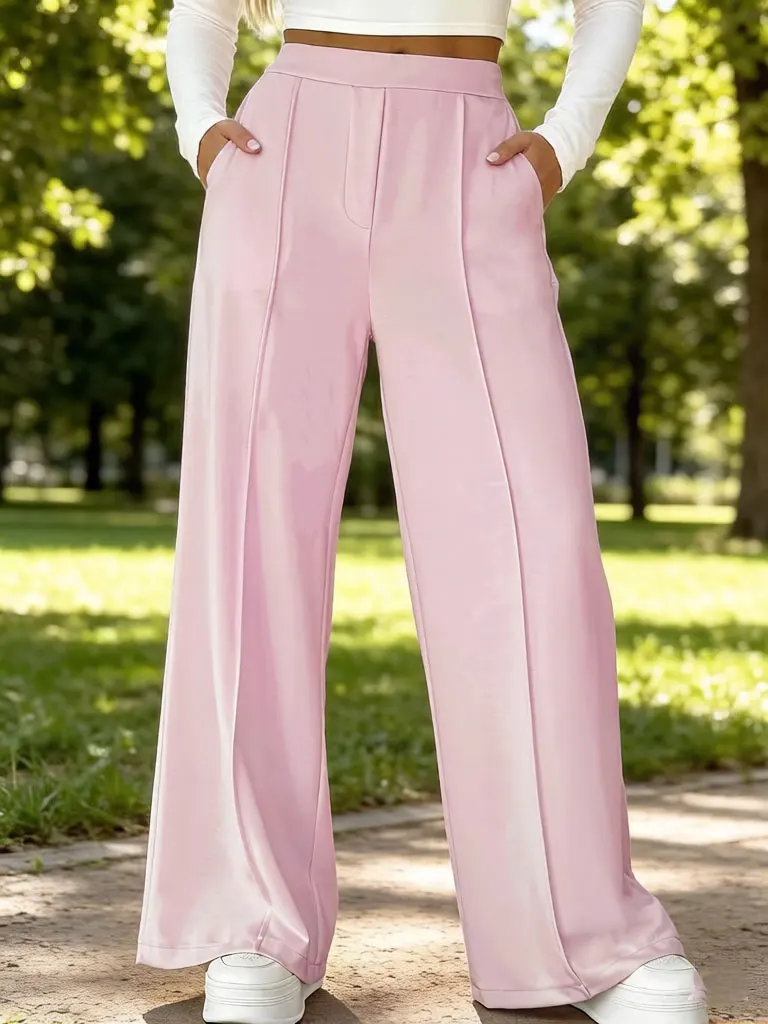 

Women's High Waisted Wide Leg Pants Pink Solid Color Casual Loose Fit Trousers with Pleated Front for Summer Autumn Daily Wear