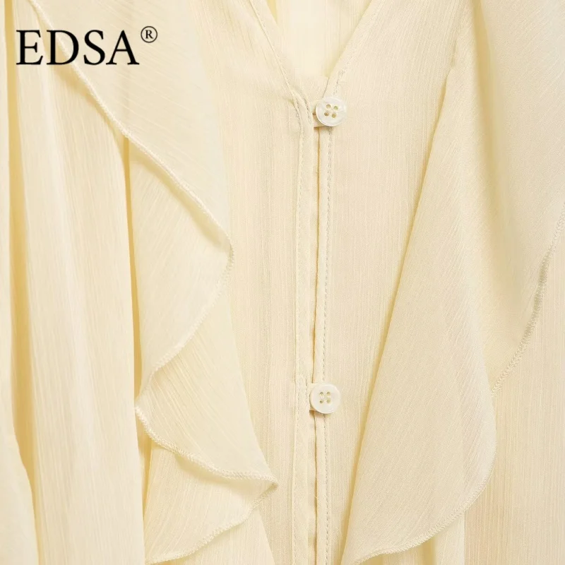 EDSA 女性半薄手のフリルシャツ V ネック長袖ブラウスボタンアップフロントファッション女性トップ