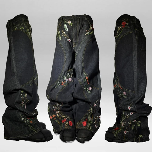 Imagen 2 del producto Pantalones vaqueros holgados florales Y2K con bordado de flores Retro, ropa de calle Unisex aerodinámica, pantalones góticos de pierna ancha de gran tamaño para hombre