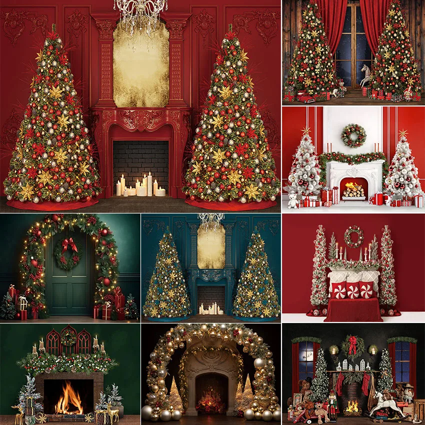 Avezano Christmas Backdrop Retro Wall Fireplace Xmas Tree Family Portrait Customized Photography Background Photo Studio