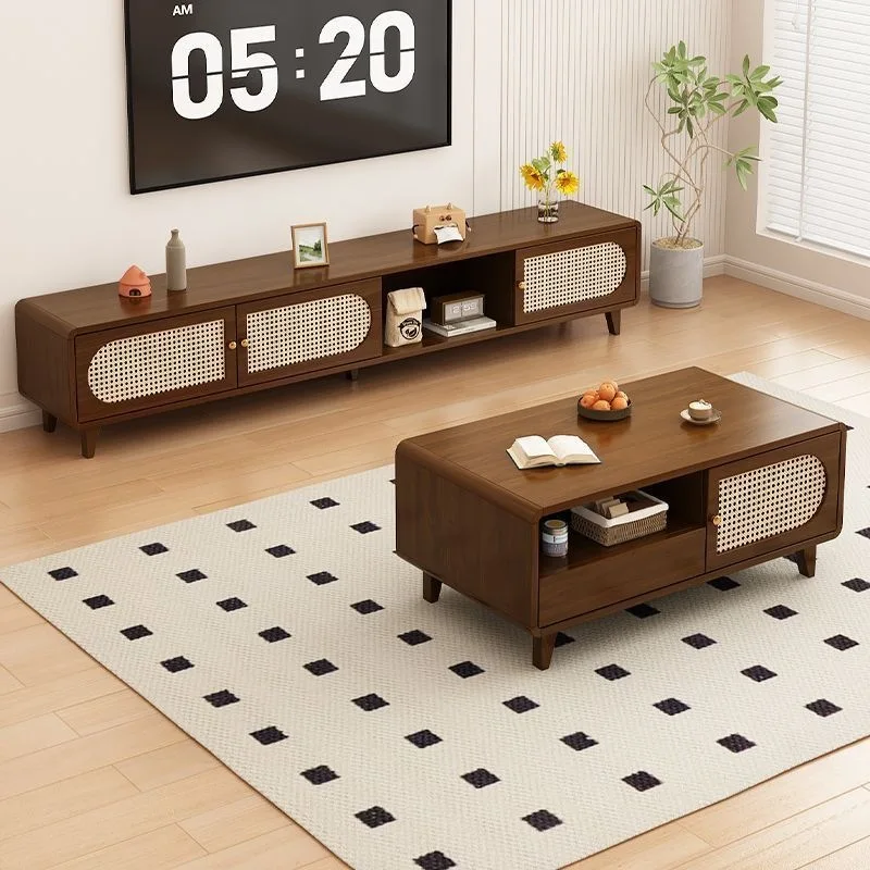 Rattan TV Cabinet Living Room Household Floor Cabinet Small Apartment Walnut Log Color TV Cabinet