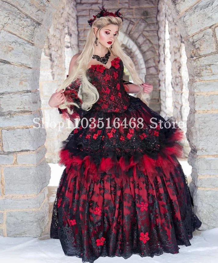 Vintage Gothic Victorian Evening Dresses Black Red Sweetheart Neck Floral Embroidered Lace Ruffles Costume Party Halloween Dress