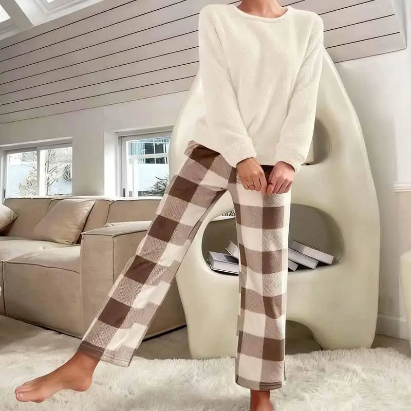 Female Warm 2 Pcs Pajamas Set Homewear Fashion Grid Pants Pijamas Suit Long Sleeves Round Neck Loungewear Nightwear Home Clothes