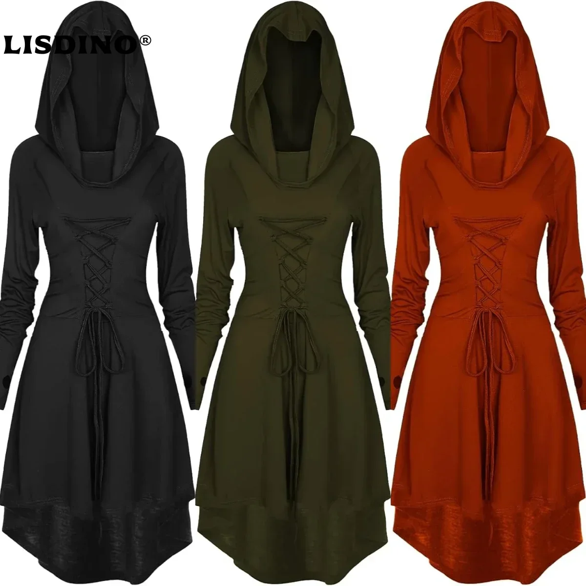 Renaissance-Kostüme für Damen, Halloween-Kostüm für Damen, mittelalterliches Vintage-Kostüm mit Kapuze, High-Low-Pullover-Kleid