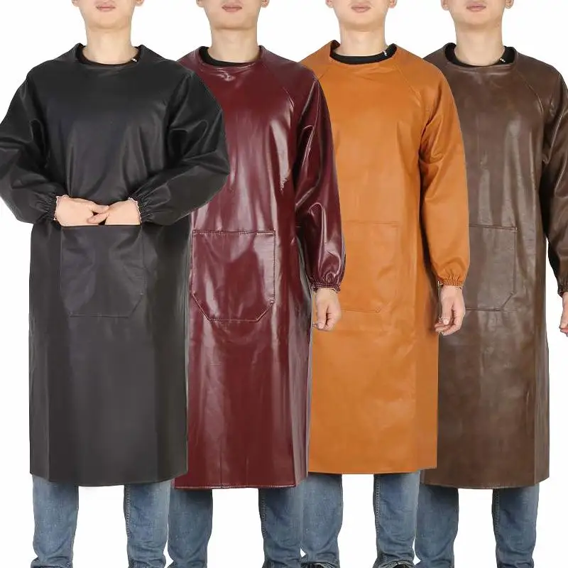 

Водонепроницаемый кожаный фартук с длинными рукавами для кухни, защитный от масла, для мужчин и женщин, большой размер, с ПУ-покрытием