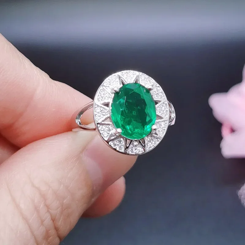 925 Sterling Silver Emerald Color Crystal Ring for Daily Wear 8mm*10mm Lab Created Green Crystal Jewelry with Gold Plating