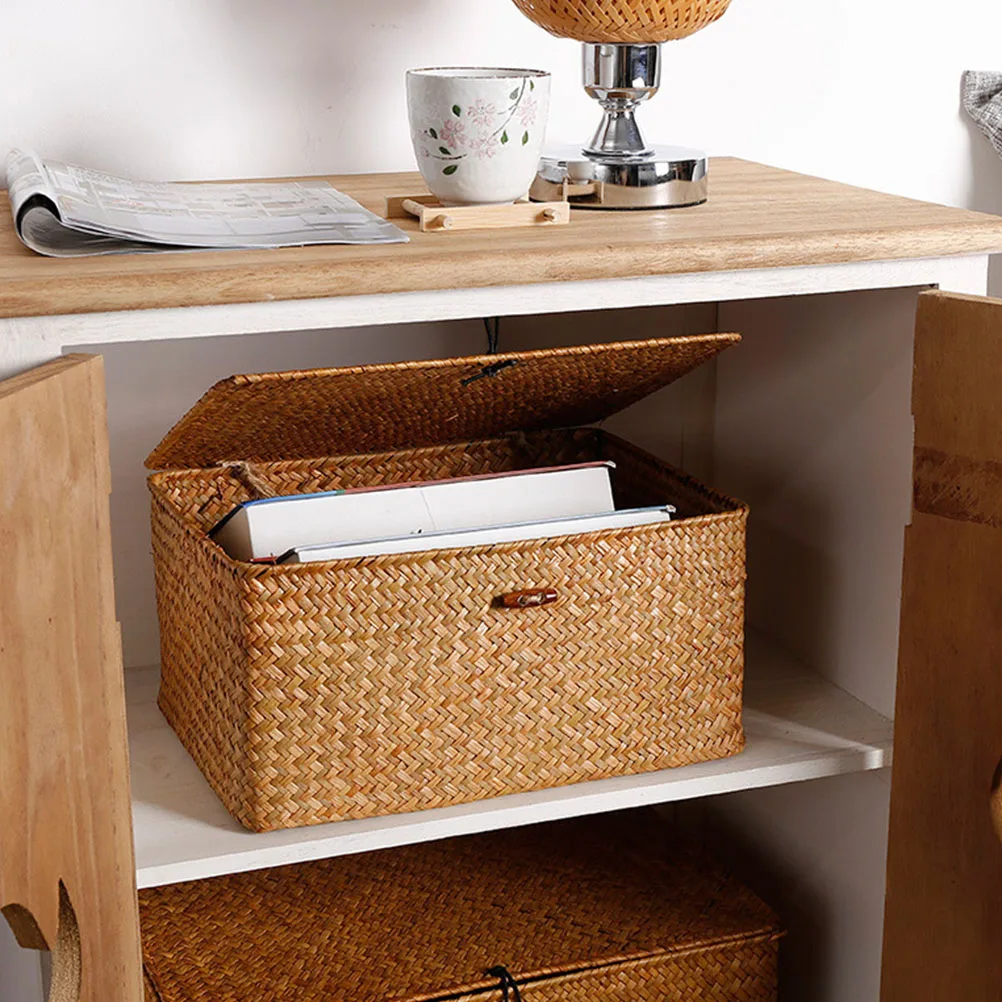 

3 Pcs Seagrass Storage Baskets with Lids Handwoven Rattan Natural Color Living Room Decorative Boxes Smooth Portable Case Toy