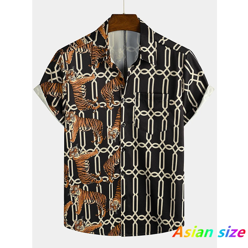 

Hawaiian Beach Shirts Men's Short-sleeve Anima Graphic Casual Leopard Shirts Summer Vacation Quick Dry Clothes Loose Stripe Tops