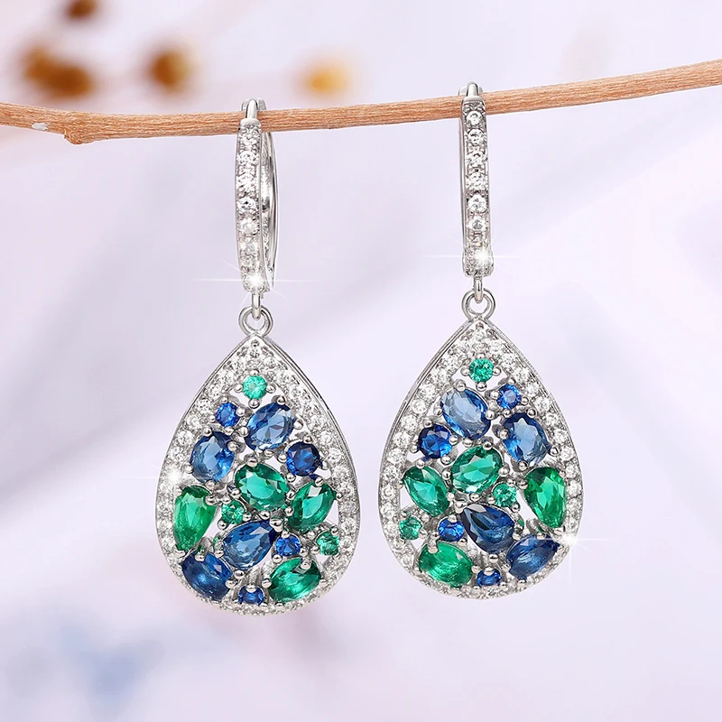 Huitan Vintage Women Drop Earrings with Blue/Green Cubic Zirconia Temperament Female Ear Accessory for Party Anniversary Jewelry