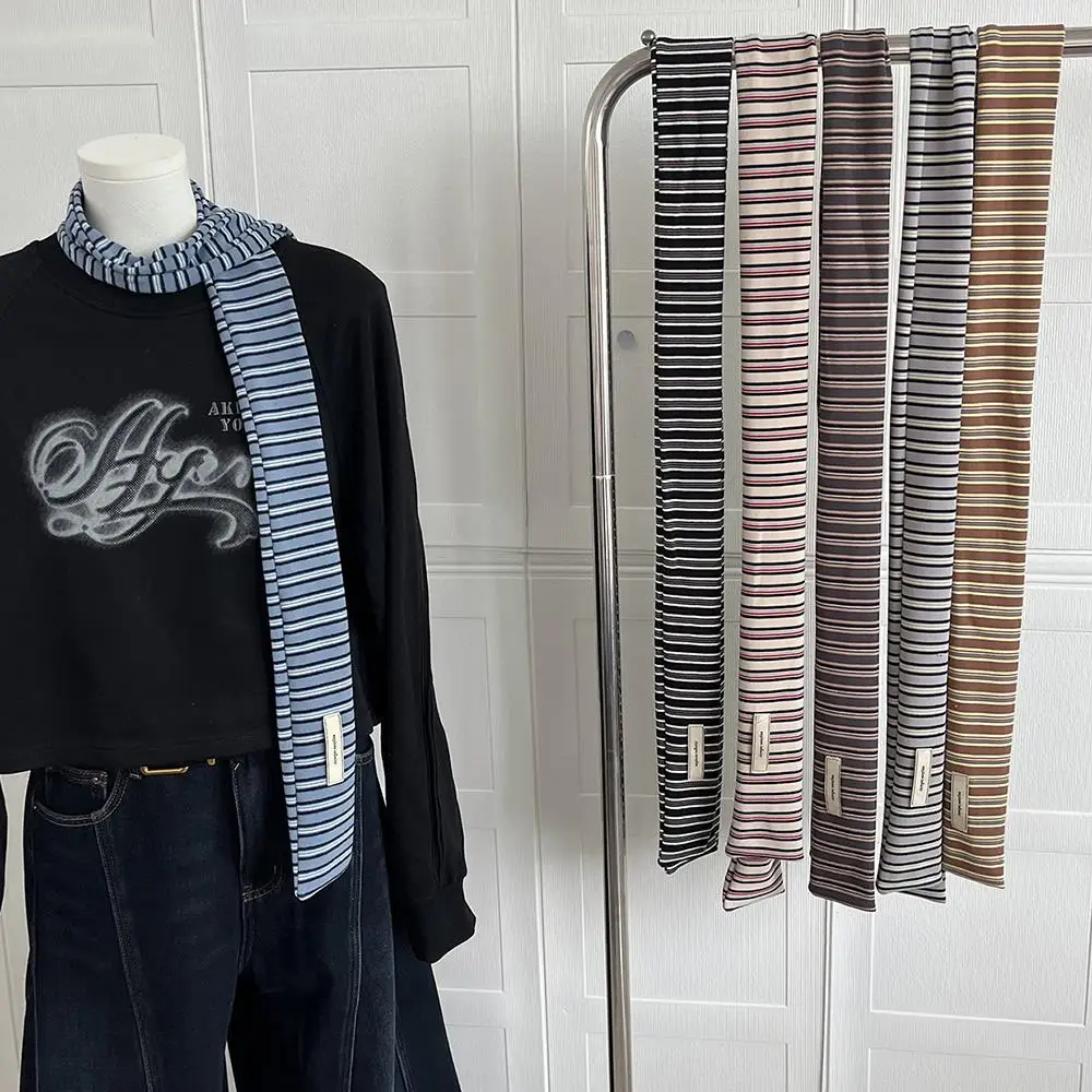 Y2K الأزرق الأبيض وشاح مخطط المألوف طويل ضيق الأوشحة الزخرفية Harajuku ريترو قطاع وشاح الرقبة 100% القطن وشاح دافئ