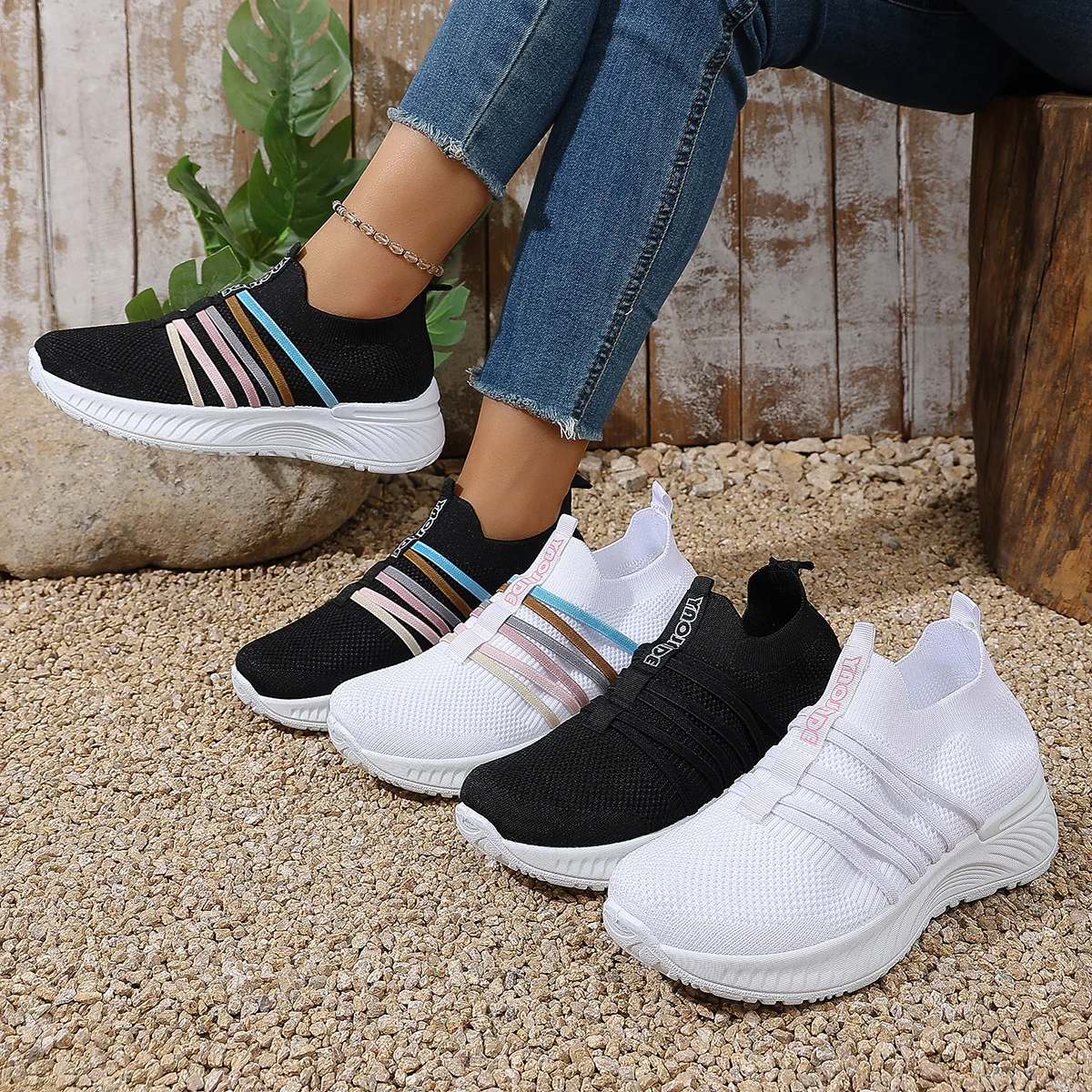 New Women's Breathable Mesh Slip On Sneakers Pink Striped Casual Tennis Shoes Lightweight Comfort Running Shoes image 6