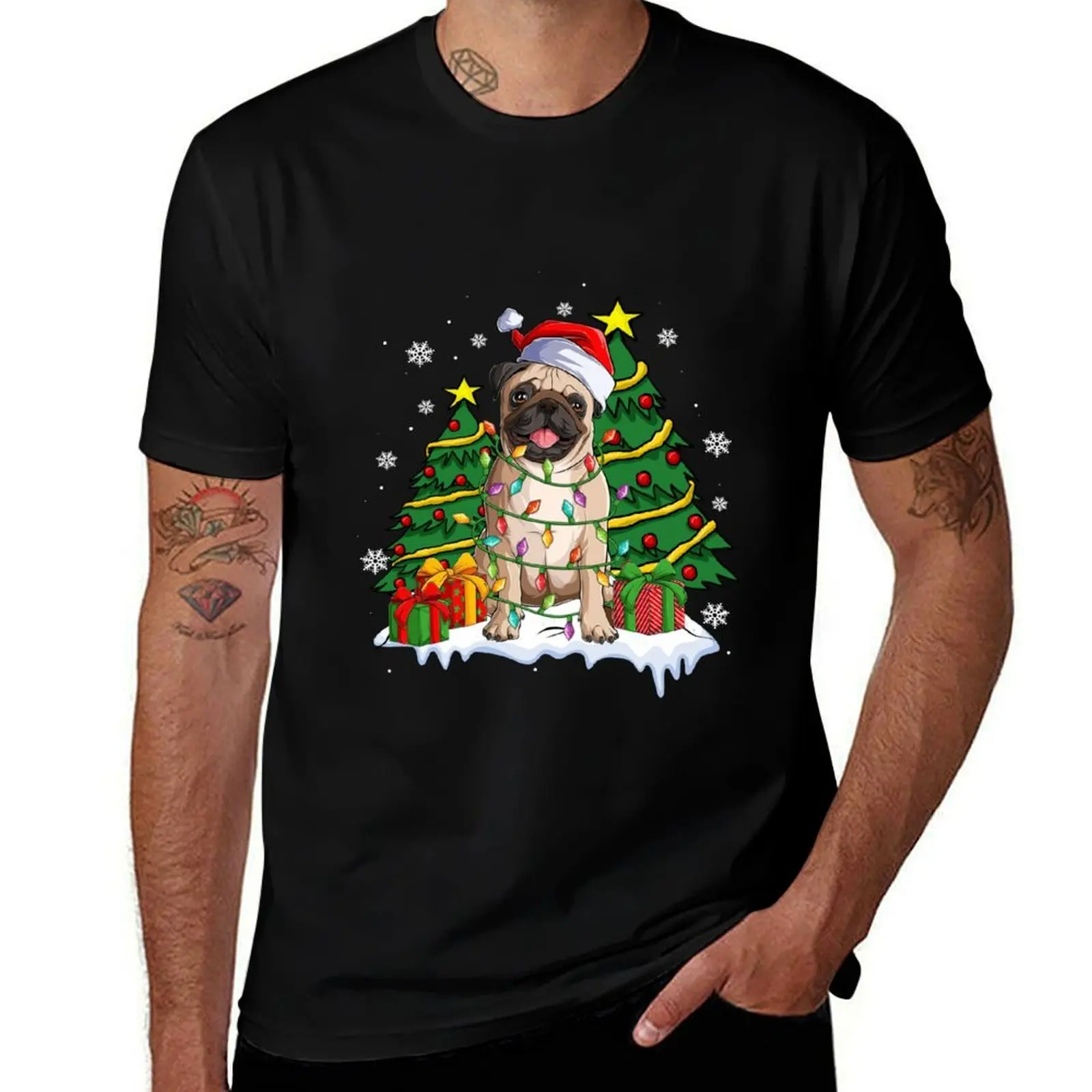 

Merry Woofmas Pug Dog Lovers Santa Hat Lights Kids Christmas T-Shirt anime t shirts oversize t shirts for man cotton T-Shirt