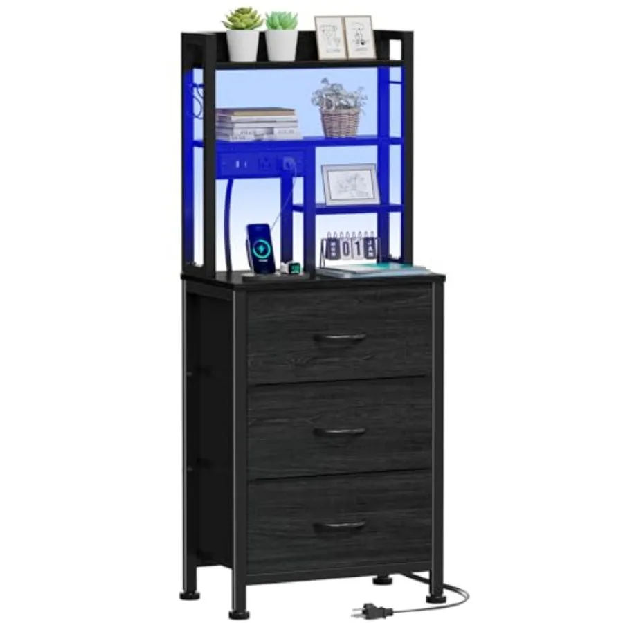 

Tall Night Stand with Fabric s and LED Lights, Nightstand with Bookshelf, 45.3inch Tall Bedside Tables with USB Ports in Bedroo